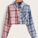 Plaid Colorblock Button Front Pocket Jacket