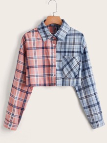 Plaid Colorblock Button Front Pocket Jacket