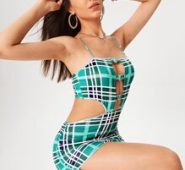 Plaid Cut Out Drawstring Side Cami Bodycon Dress