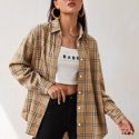 Plaid Drop Shoulder Button Front Blouse