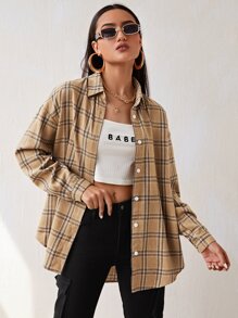 Plaid Drop Shoulder Button Front Blouse