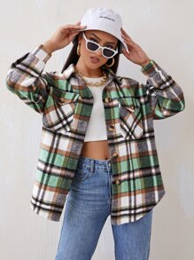 Plaid Drop Shoulder Button Front Coat