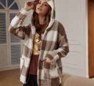 Plaid Dual Pocket Hooded Teddy Coat