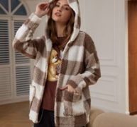 Plaid Dual Pocket Hooded Teddy Coat