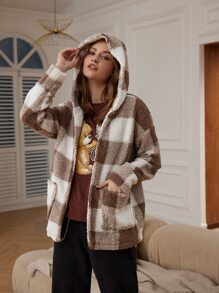 Plaid Dual Pocket Hooded Teddy Coat