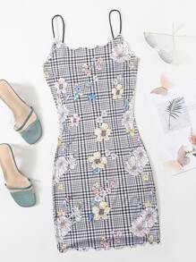 Plaid Floral Lettuce Trim Bodycon Dress