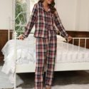 Plaid Lapel Neck Button Front Patch Pocket PJ Set