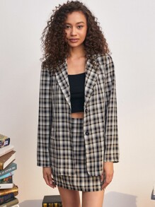 Plaid Lapel Neck Single Breasted Blazer & Skirt