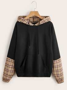 Plaid Panel Kangaroo Pocket Hoodie