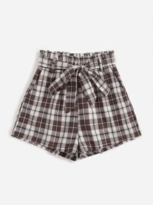 Plaid Paperbag Waist Belted Shorts