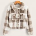 Plaid Pattern Button Front Teddy Jacket