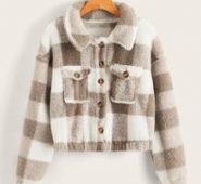 Plaid Pattern Button Front Teddy Jacket