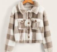 Plaid Pattern Button Front Teddy Jacket