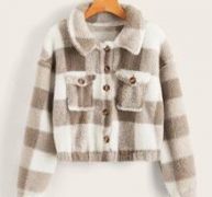 Plaid Pattern Button Front Teddy Jacket