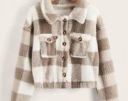 Plaid Pattern Button Front Teddy Jacket