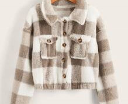 Plaid Pattern Button Front Teddy Jacket