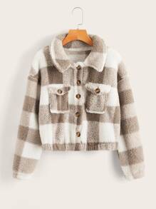 Plaid Pattern Button Front Teddy Jacket