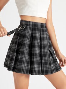 Plaid Pleated Tape Skirt