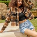 Plaid Pocket Crop Teddy Jacket