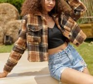 Plaid Pocket Crop Teddy Jacket