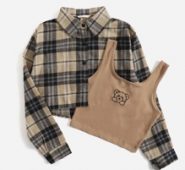 Plaid Print Blouse & Bear Embroidery Tank Top