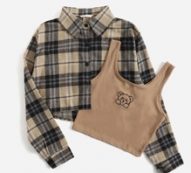 Plaid Print Blouse & Bear Embroidery Tank Top