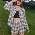 Plaid Print Button Front Blouse & Shorts