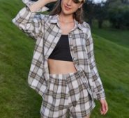 Plaid Print Button Front Blouse & Shorts