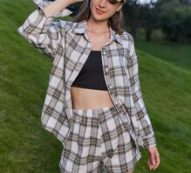 Plaid Print Button Front Blouse & Shorts