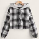 Plaid Print Button Front Hooded Blouse