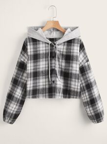 Plaid Print Button Front Hooded Blouse