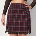 Plaid Print Contrast Lace Split Skirt