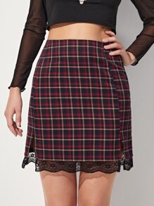 Plaid Print Contrast Lace Split Skirt