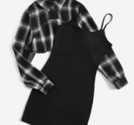 Plaid Print Crop Blouse & Cami Dress