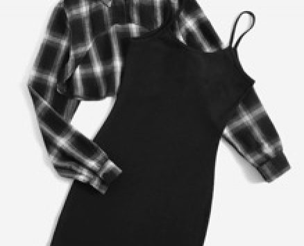 Plaid Print Crop Blouse & Cami Dress