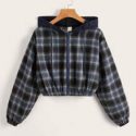 Plaid Print Drawstring Hooded Jacket