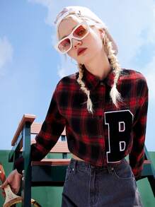 Plaid Print Drop Shoulder Crop Blouse