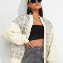 Plaid Print Drop Shoulder Open Front Teddy Jacket