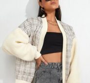 Plaid Print Drop Shoulder Open Front Teddy Jacket