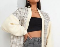 Plaid Print Drop Shoulder Open Front Teddy Jacket