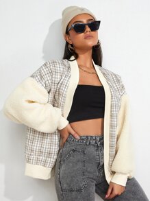 Plaid Print Drop Shoulder Open Front Teddy Jacket