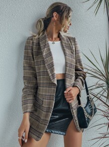 Plaid Shawl Collar Flap Detail Blazer