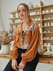 Plaid Spliced Crop Cargo Corduroy Shacket