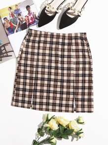 Plaid Split Hem Skirt