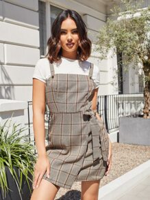 Plaid Wrap Knot Side Overall Dress Without Tee