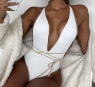 Plain Ribbed Lace Up Plunging One Piece Swimsuit