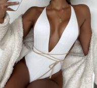 Plain Ribbed Lace Up Plunging One Piece Swimsuit