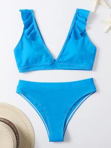 Plain Ruffle Trim Bikini Swimsuit