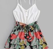 Plants Print Belted Cami Romper