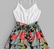 Plants Print Belted Cami Romper